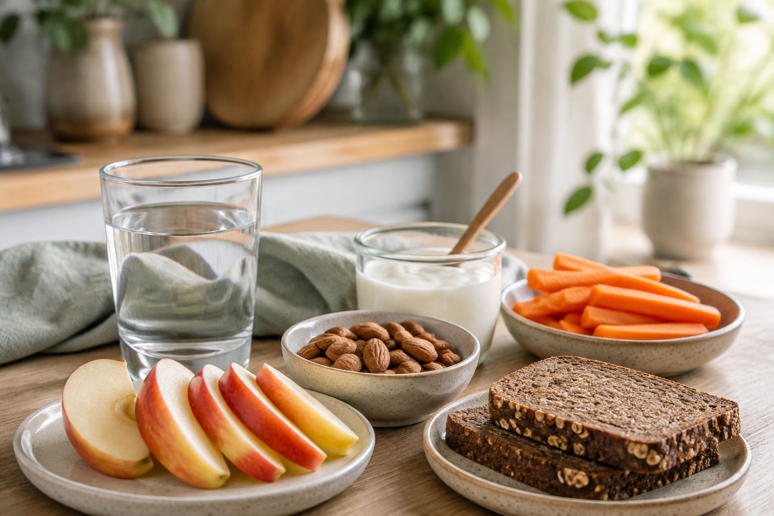 Æble, grøntsager, rugbrød, nødder, yoghurt og vand på et lyst bord